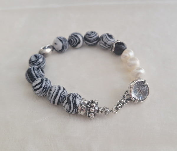 Armband, Sterling-Silber mit Onyx und Perlen