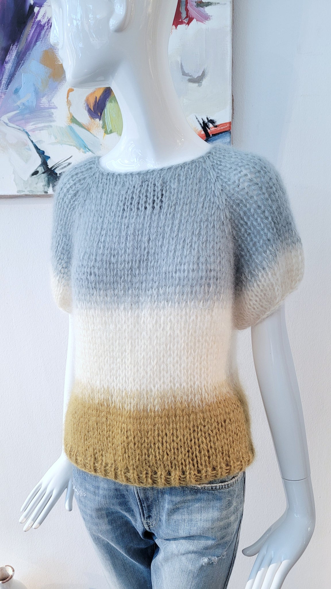 Handgestrickter Pullover mit Kurzarm & Farbverlauf (blau-grün)