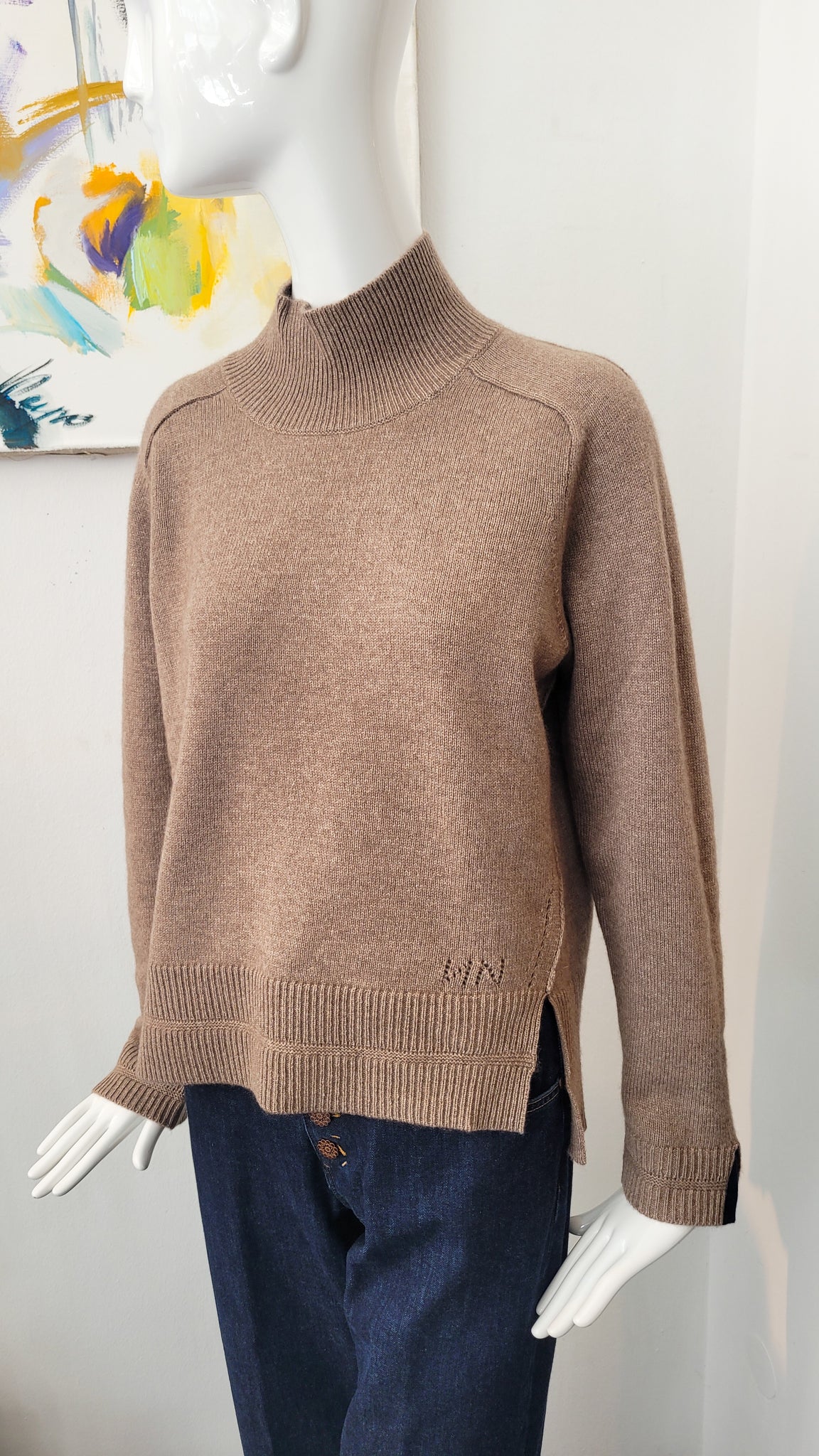 Pulli mit Kaschmir (Muskat mit farb. Details), Stehkragen