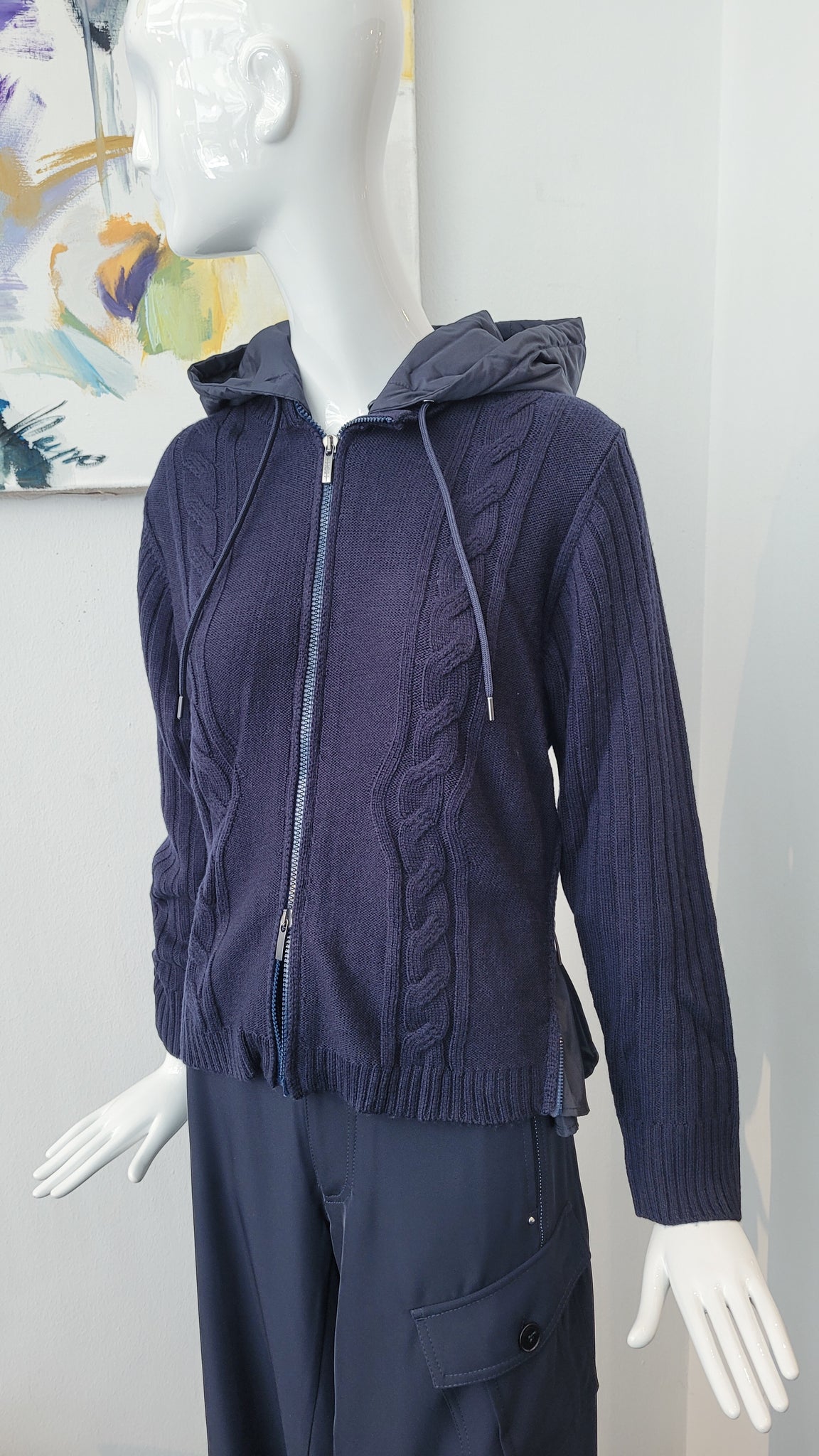 Strickjacke mit abkn. Kapuze (dunkelblau)