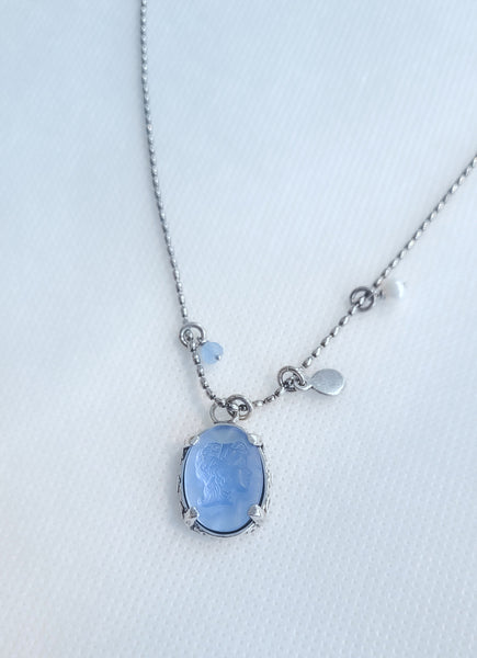 Kette Sterlingsilber mit Vintage Kameoglas, Perlen & blauer Jade