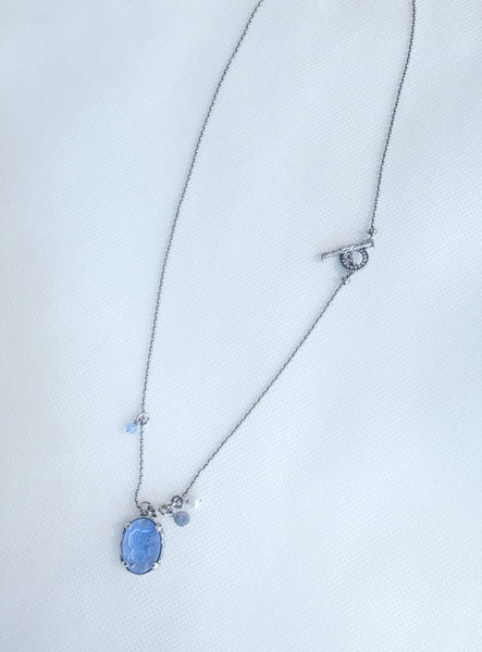 Kette Sterlingsilber mit Vintage Kameoglas, Perlen & blauer Jade