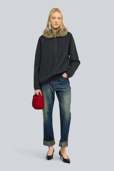 Cardigan mit abkn. Kunstpelz (anthrazit)