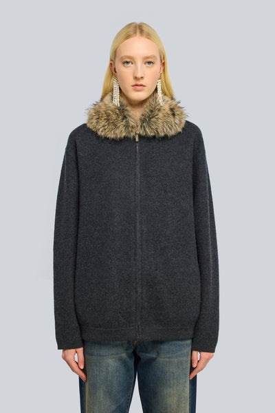 Cardigan mit abkn. Kunstpelz (anthrazit)