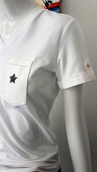 Tailliertes Shirt mit Tasche & Details (weiß)(-50%)